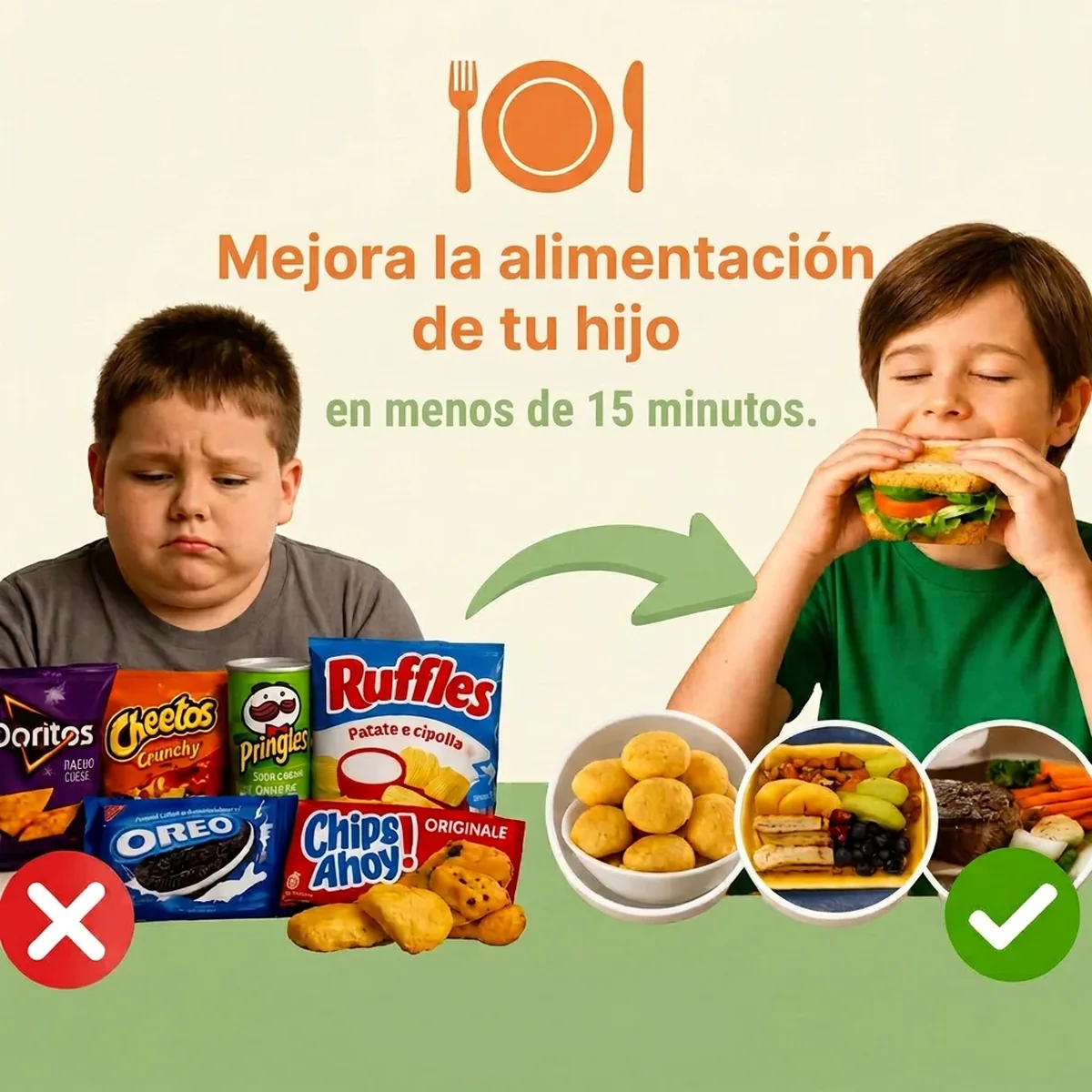 A la izquierda, un niño frente a un montón de paquetes de snacks; a la derecha, el mismo niño comiendo un sándwich junto a platos caseros con fruta y verdura.